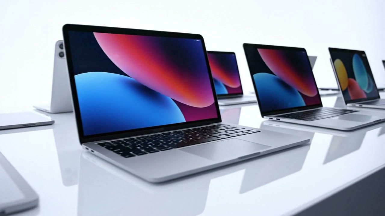 MacBooks lined up on a white surface