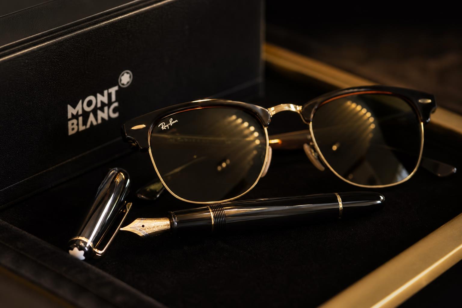 Luxury accessories — fountain pen, sunglasses and cufflinks on velvet